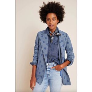 Eva Franco Anthropologie Priscilla Denim Polka Dot Blazer Blue Oversized Size S